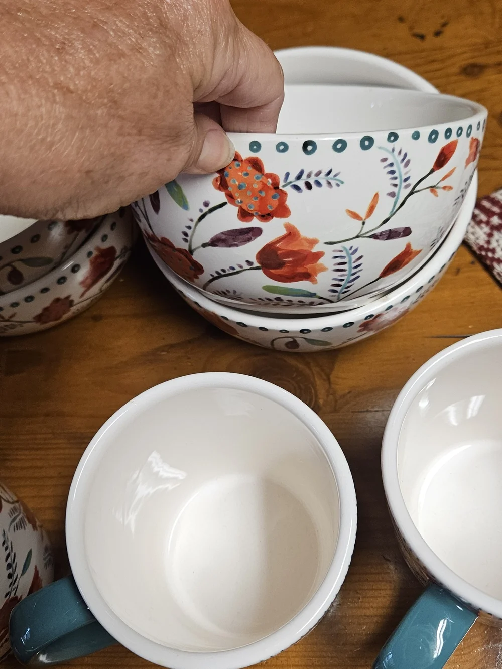 Pier 1 Ayana Stoneware Red Poppy Dinnerware Set with Turquoise Handles